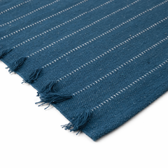 Gros plan sur le tapis de yoga en coton biologique montrant la texture naturelle du tissage, les lignes décoratives blanches et les franges, pour une pratique confortable et antidérapante.